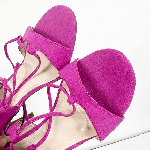 NEW Marc Fisher Size 8.5 Pink Faux Suede Lace Up Heeled Sandals - Picture 4 of 12